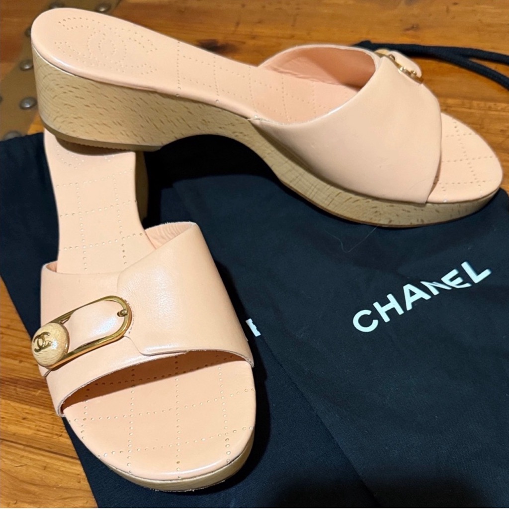 Chanel Peach Cream Leather Wedge Slide Mules With Gold-Tone Buckle 9.5